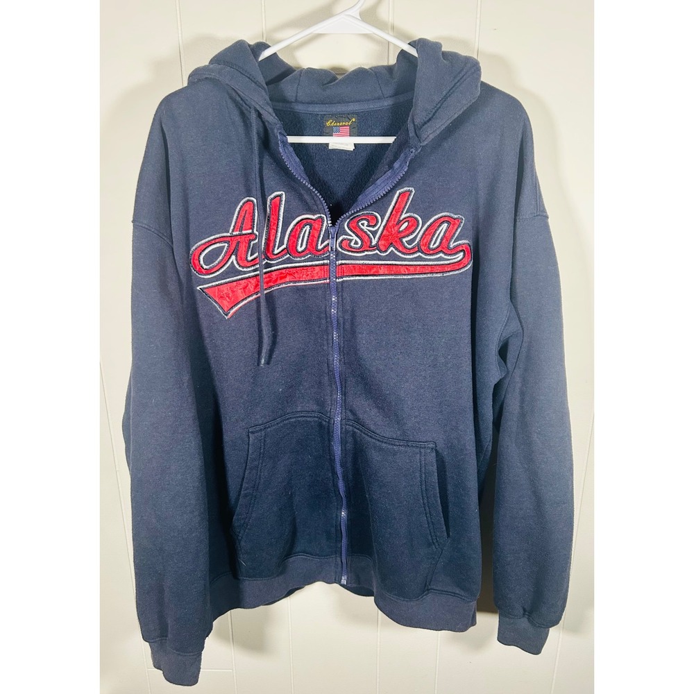 Cheneral Alaska Souvenir Full Zip Hoodie Navy Blue Red Applique Mens 2XL
